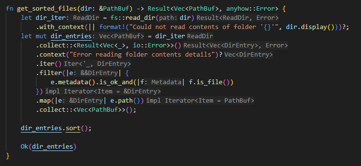 Screenshot of the get_sorted_files() function in VS Code, showing how the rust-analyzer plugin has annotated the code with the types of many of the expressions.