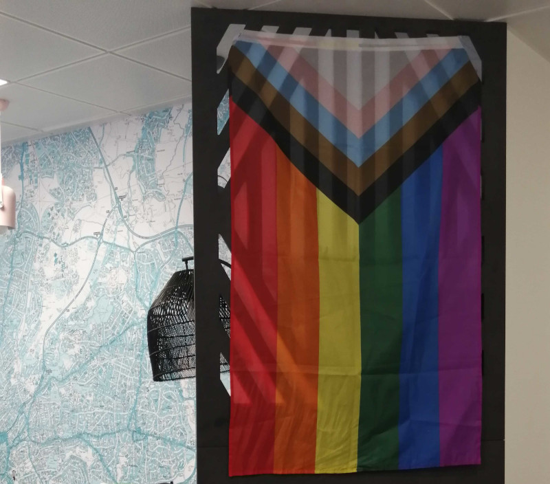 In the Scott Logic Bristol office, the Pride flag hangs all year round. Photo by Sarah Haswell. In the Scott Logic Bristol office, the Pride flag hangs all year round. Photo by Sarah Haswell.