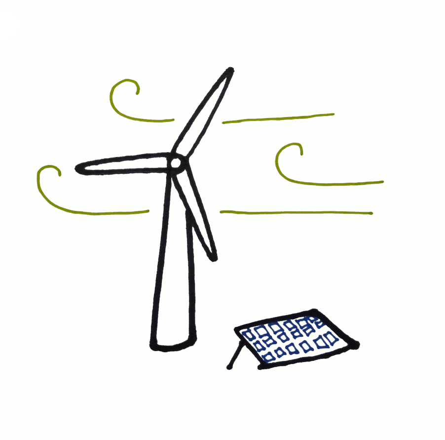 stick-figure drawing of a windmill and a solar panel.