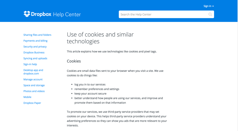 Dropbox cookies message Dropbox cookies message