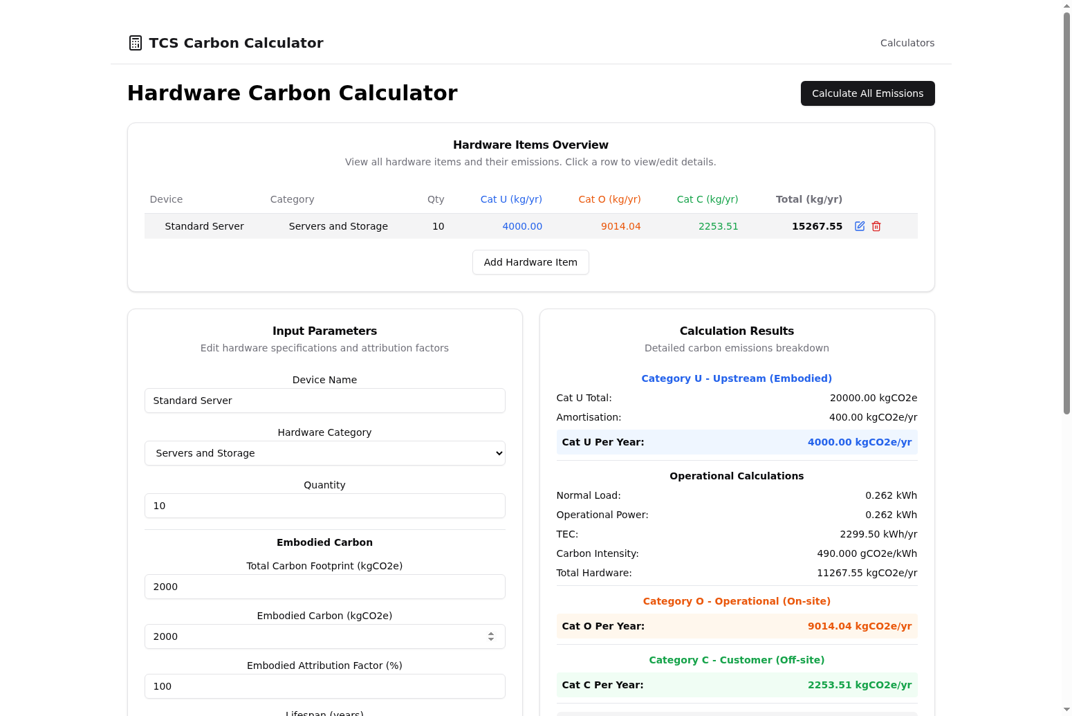 Early hardware calculator UI Early UI for the hardware calculator that estimates the carbon emissions of IT hardware.